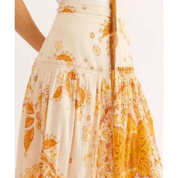 Free People Farrah Drop Waist Maxi Skirt Printed Tiered Ivory Combo Size 0 - Picture 1 of 12